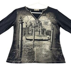Blue Canyon Venice Italy Graphic Print Top Navy Blue Rhinestone Accent Large